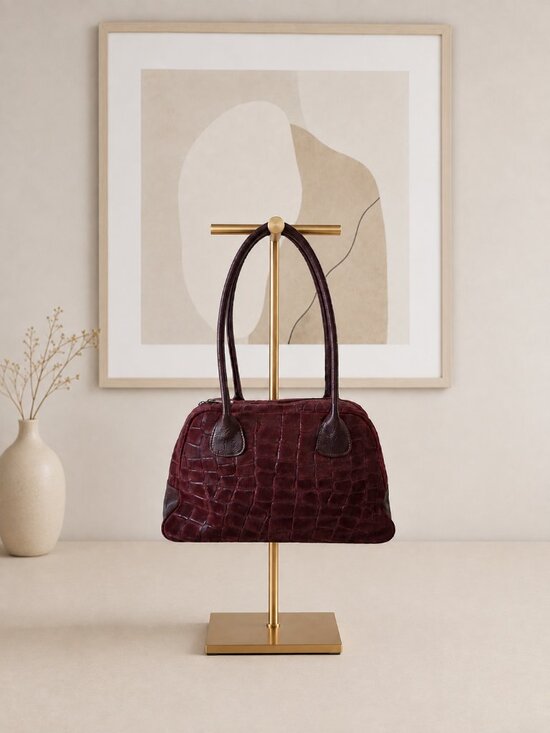 Handbags - Burgundy Italian Leather & Croc-Embossed Suede Shoulder Bag – Large Dome Handbag